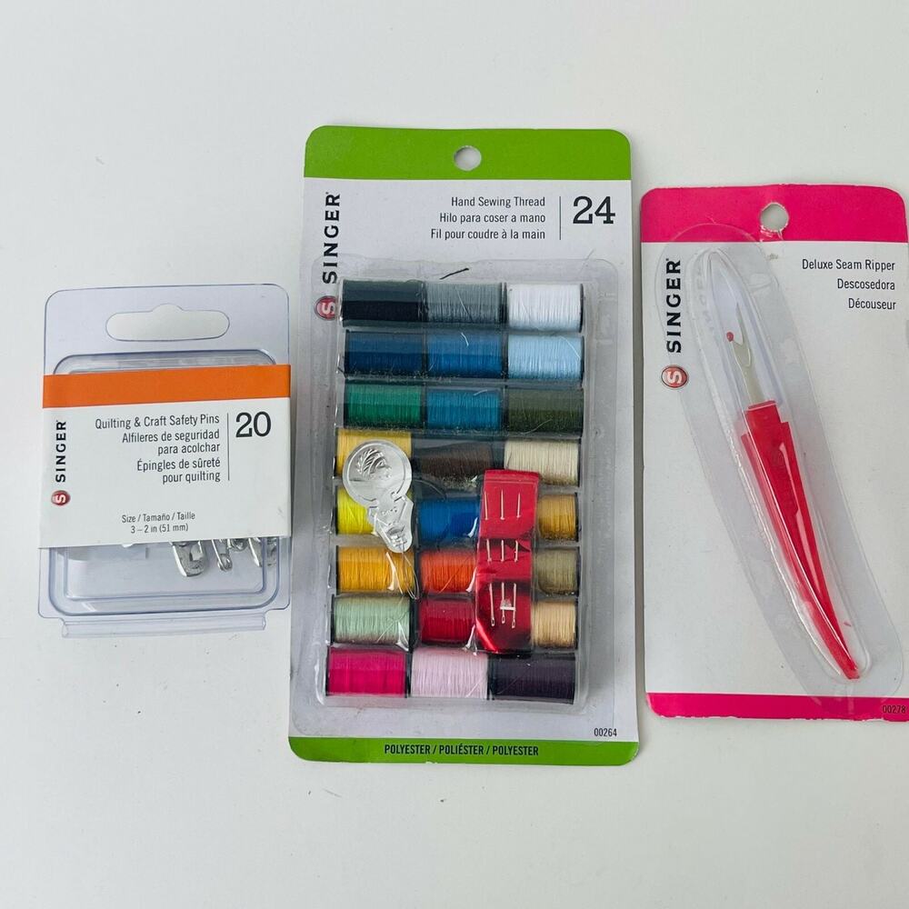 Singer Hand Sewing Thread 24, Safety Pins 20, Deluxe seam Ripper SEWING SET of 3